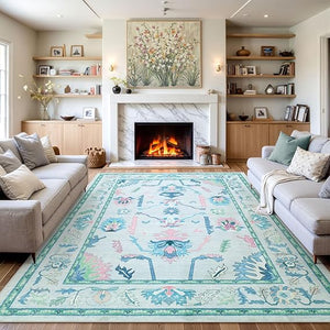 Washable Oushak Area Rug – Floral, Non-Slip, Low Pile
