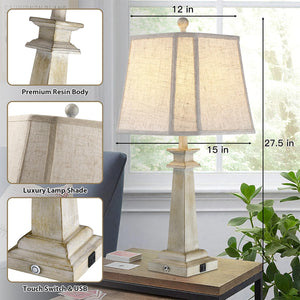 Farmhouse Touch Table Lamps Set of 2 with USB Charging Ports & Dimmable LED Bulbs