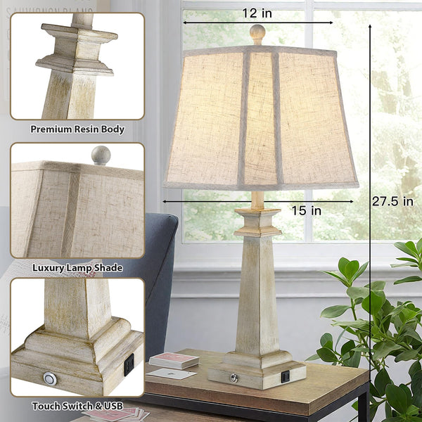 Farmhouse Touch Table Lamps Set of 2 with USB Charging Ports & Dimmable LED Bulbs