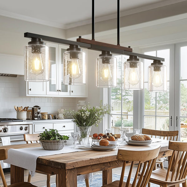 Black Farmhouse Kitchen Island Chandelier with Seeded Glass
