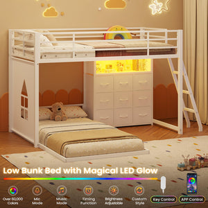Twin Over Twin L-Shaped Low Bunk Bed with 9 Storage Drawers and LED Lights