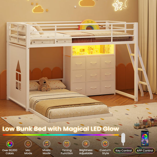 Twin Over Twin L-Shaped Low Bunk Bed with 9 Storage Drawers and LED Lights