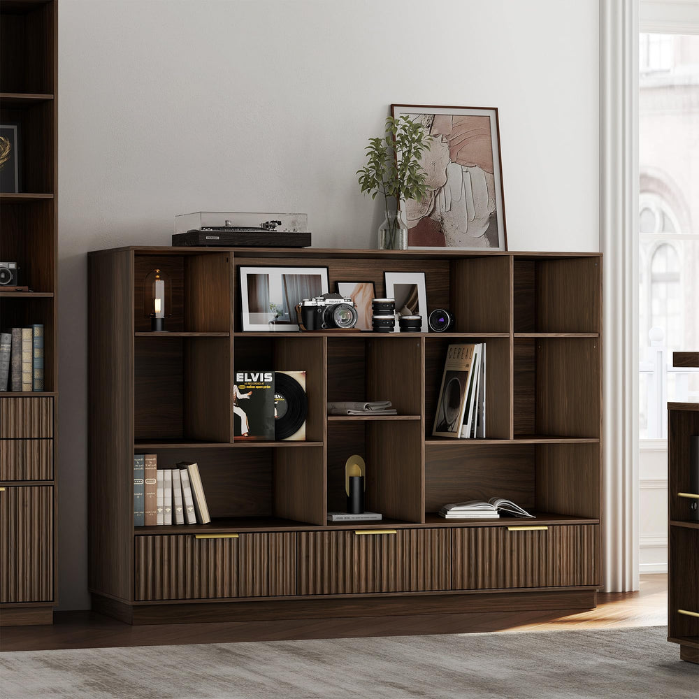 4-Tier Fluted Bookshelf with Drawers & Storage