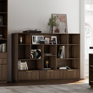 4-Tier Fluted Bookshelf with Drawers & Storage