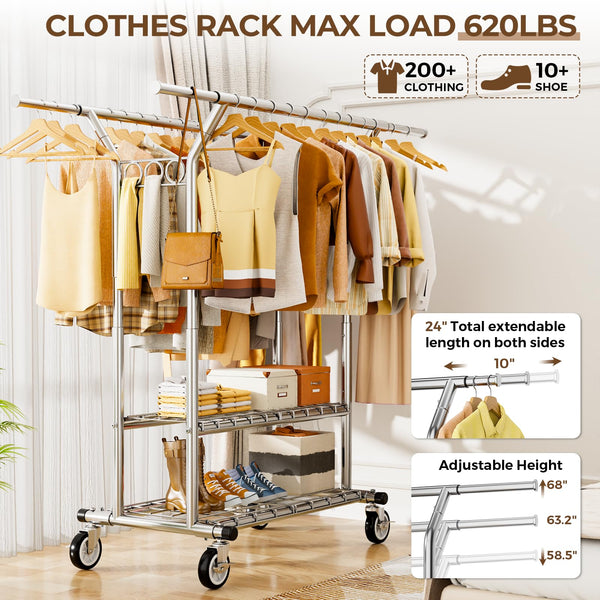 Heavy Duty Rolling Clothes Rack with Shelves