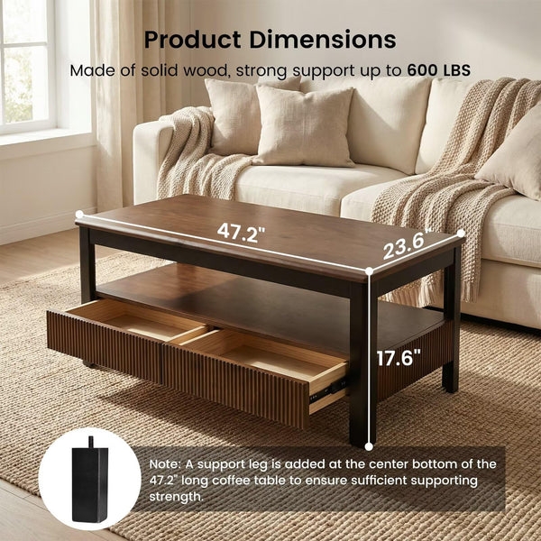 Mid-Century Solid Wood Coffee Table with 2 Drawers & Open Shelf