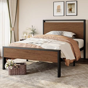Metal Platform Bed Frame with Wooden Headboard & Footboard