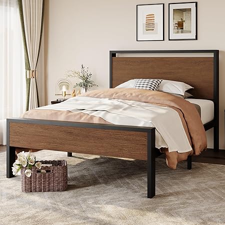 Metal Platform Bed Frame with Wooden Headboard & Footboard