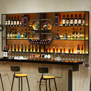 Wall Mounted Wine Rack with LED Light – 4-Tier Floating Bar Shelf