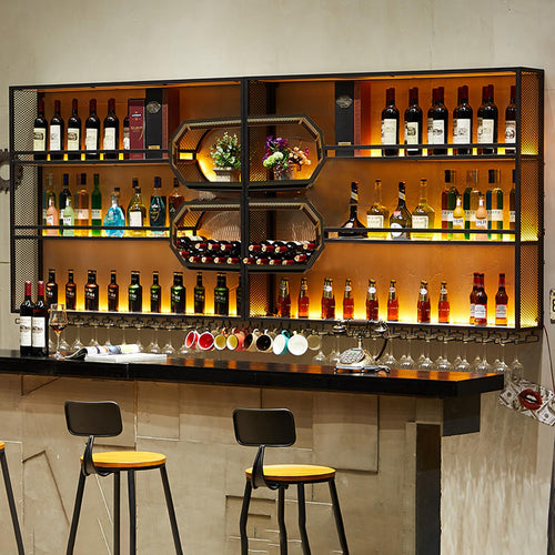 Wall Mounted Wine Rack with LED Light – 4-Tier Floating Bar Shelf