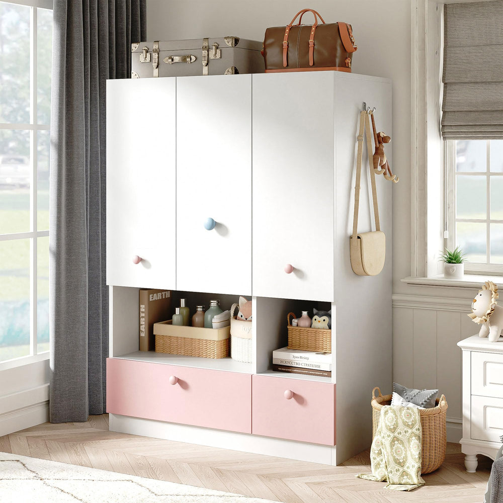 White 3-Door Wardrobe Armoire with Hanging Rod, Shelves & Drawers