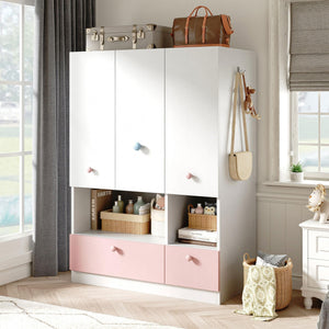 White 3-Door Wardrobe Armoire with Hanging Rod, Shelves & Drawers