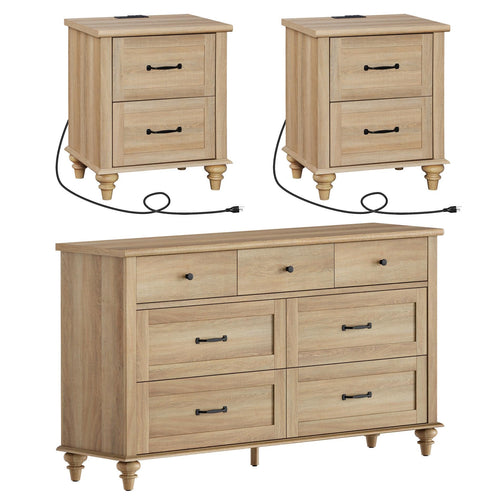 3-Piece Bedroom Set – 7-Drawer Dresser & 2 Nightstands with Charging Station, Oak