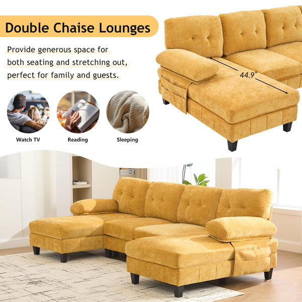 U-Shaped Sectional Sofa with Dual Chaise Lounges & Storage Pockets