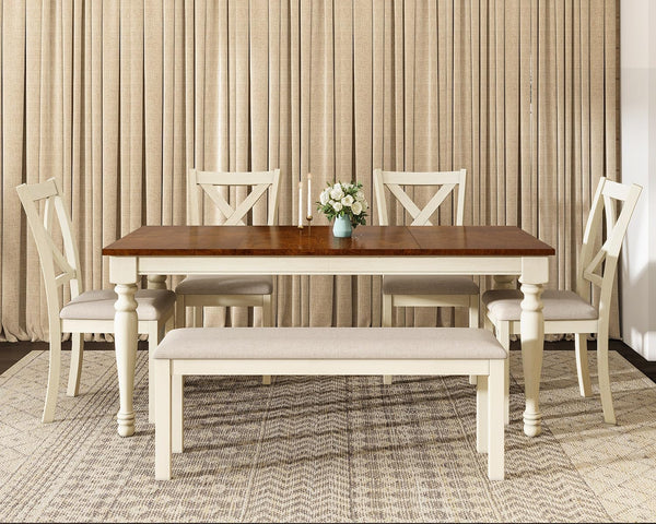 6-Piece Farmhouse Solid Wood Dining Table Set with Chairs and Bench