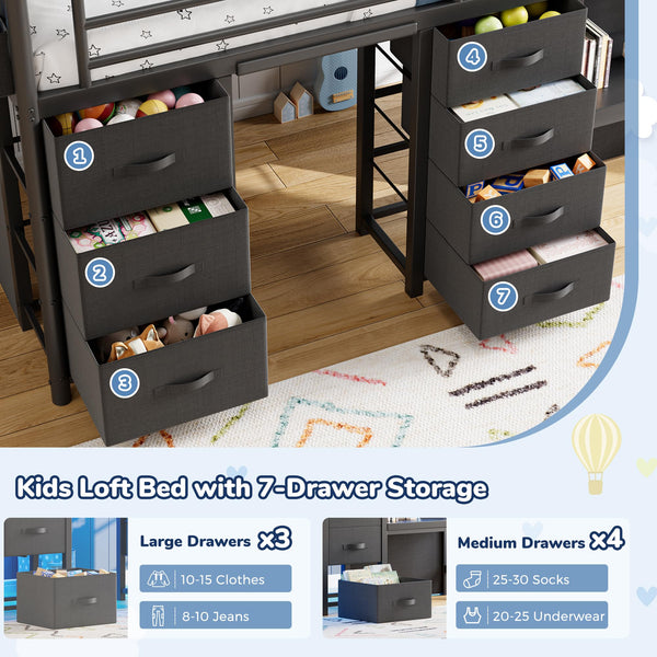 Kids Twin Low Loft Bed with Storage Drawers, Desk & LED Lights