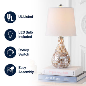 Seashell Coastal Mini LED Table Lamp with White Linen Drum Shade