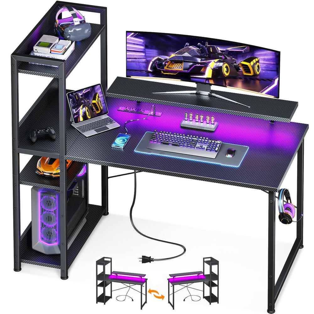 LED Gaming Desk with Storage Shelves & Monitor Stand