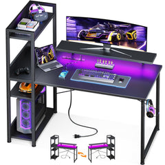 LED Gaming Desk with Storage Shelves & Monitor Stand