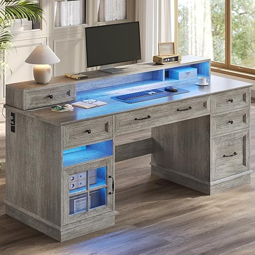 Farmhouse Executive Desk with Drawers, LED Lights & Power Outlet