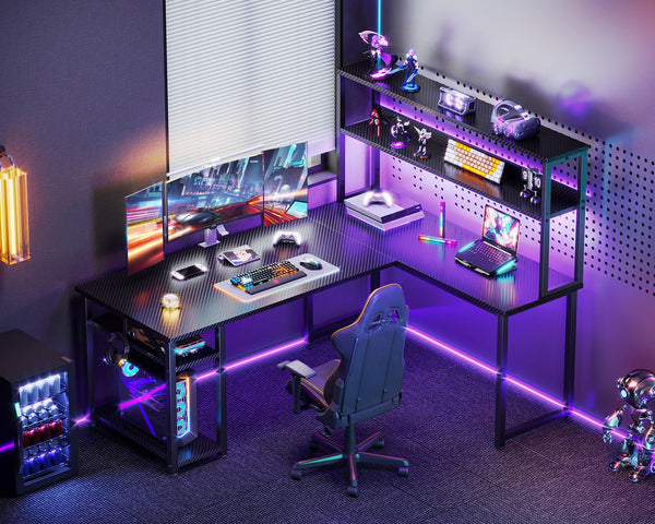 L-Shaped Gaming Desk with Hutch & Storage Shelves