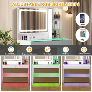 Vanity Desk with Mirror, LED Lights, 2 Drawers & Power Outlet