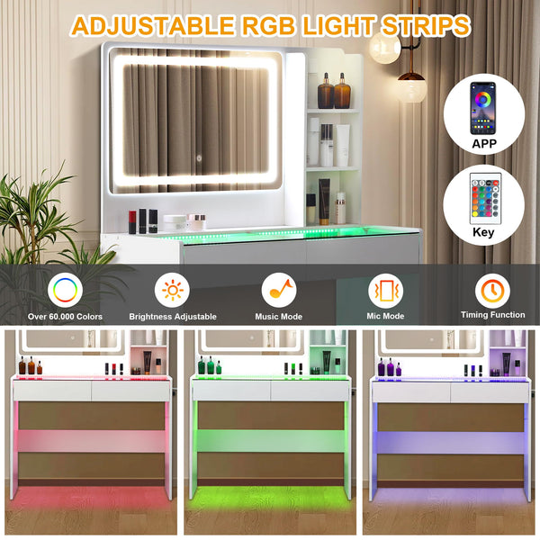 Vanity Desk with Mirror, LED Lights, 2 Drawers & Power Outlet