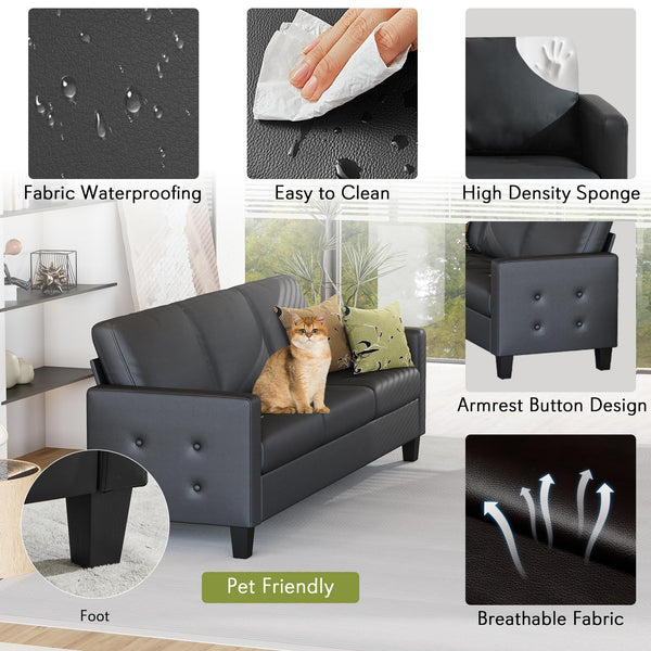 Black Faux Leather Sofa Set 3-Piece with USB Charging