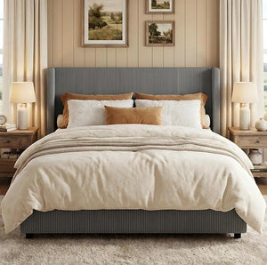 King Size Bed Frame with Storage Drawers, Corduroy Upholstered Wingback Platform Bed