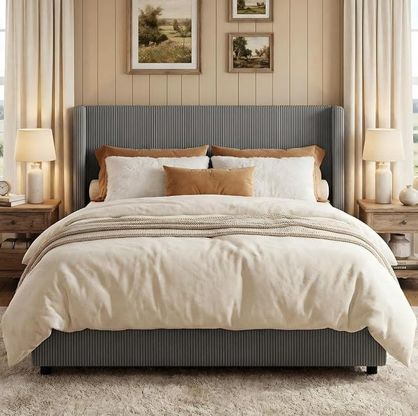 King Size Bed Frame with Storage Drawers, Corduroy Upholstered Wingback Platform Bed