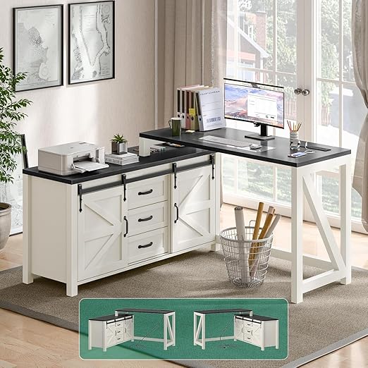 L-Shaped Executive Desk with Drawers, Power Outlets & Storage Shelf