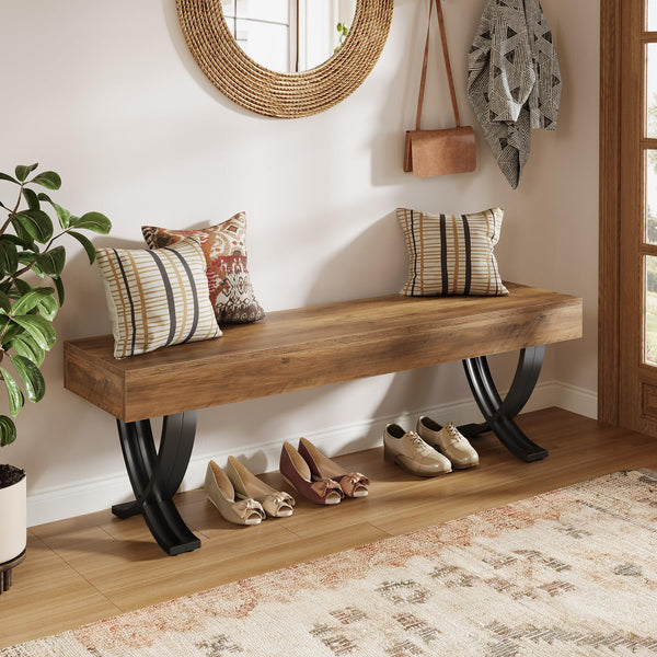 55-Inch Industrial Entryway Shoe Bench with Metal X-Shaped Legs