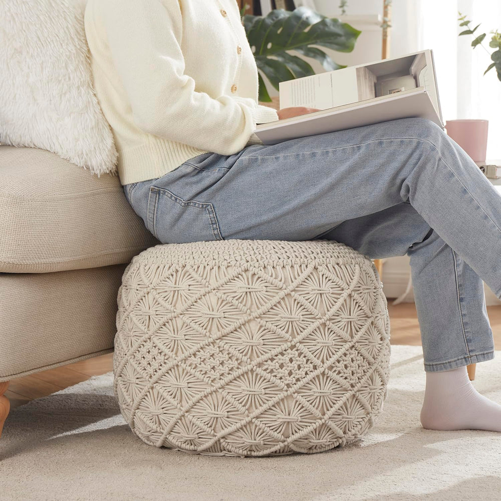 Hand Knitted Cotton Macrame Pouf Ottoman
