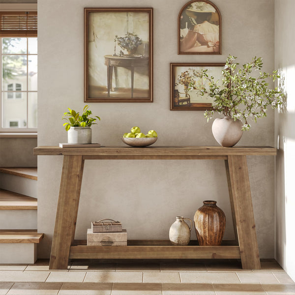 63-Inch Solid Wood Farmhouse Console Table with 2-Tier Shelf