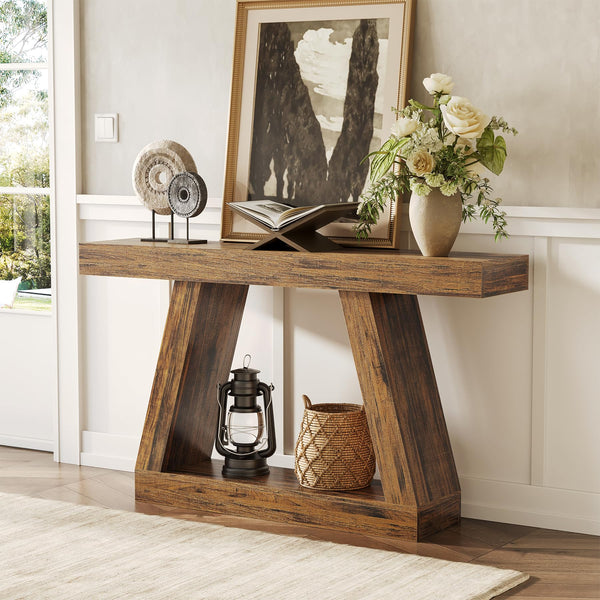55-Inch Farmhouse Console Sofa Table with Storage Shelf