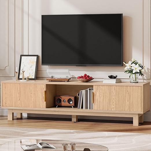 Fluted TV Stand with Power Outlets & Adjustable Shelves for 55–65 Inch TVs