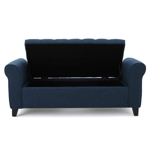 Button-Tufted Fabric Storage Ottoman Bench with Rolled Arms