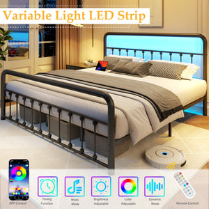 Metal Platform Bed Frame with LED Lights & Charging Station