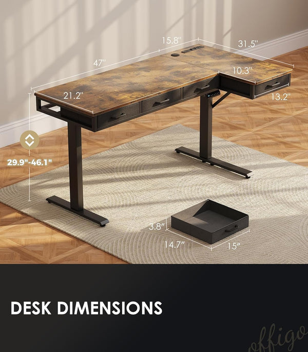 L-Shaped Electric Standing Desk with Drawers & Power Outlets