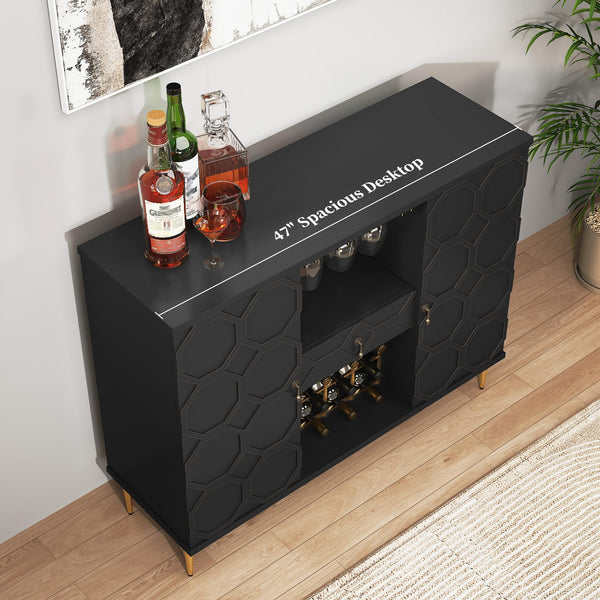 Modern Bar Cabinet with Drawer, Wine Glass Racks & Geometric Door