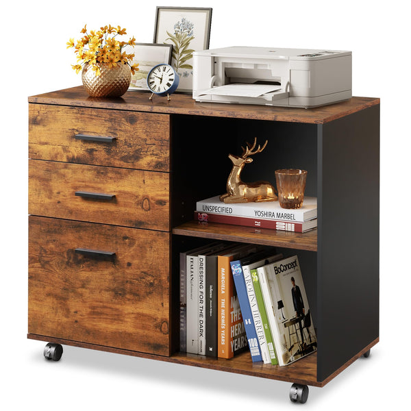 3-Drawer Mobile File Cabinet with Open Shelves