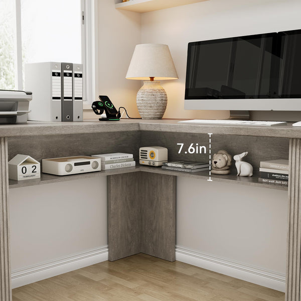L-Shaped Farmhouse Executive Desk with Drawers & Charging Station