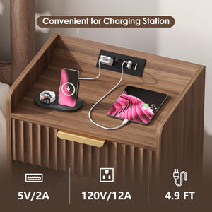 Nightstand Set of 2 with Charging Station, Drawer & RGB LED – Walnut