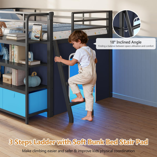 Low Loft Bed with Desk, Storage Drawers & LED Lights – Twin