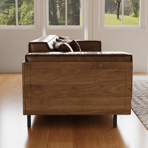 Mid-Century Modern Leather Sofa 3-Seat with Wooden Accents, Brown
