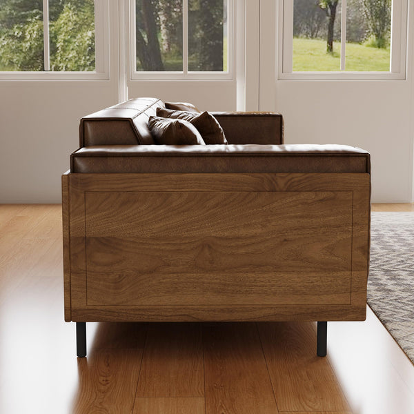 Mid-Century Modern Leather Sofa 3-Seat with Wooden Accents, Brown