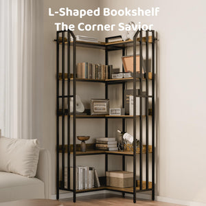 5-Tier Reversible Corner Bookshelf – Industrial Wood & Metal, 70"