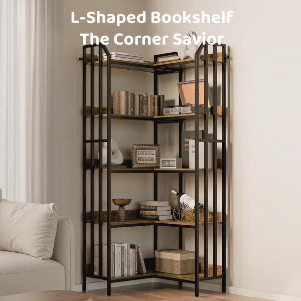 5-Tier Reversible Corner Bookshelf – Industrial Wood & Metal, 70"