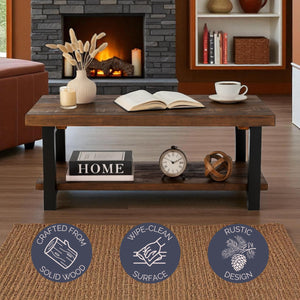42-Inch Rectangular Solid Wood Coffee Table with Storage Shelf