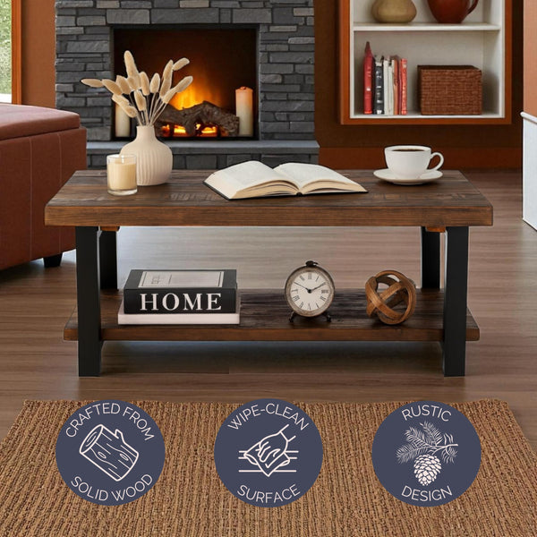 42-Inch Rectangular Solid Wood Coffee Table with Storage Shelf